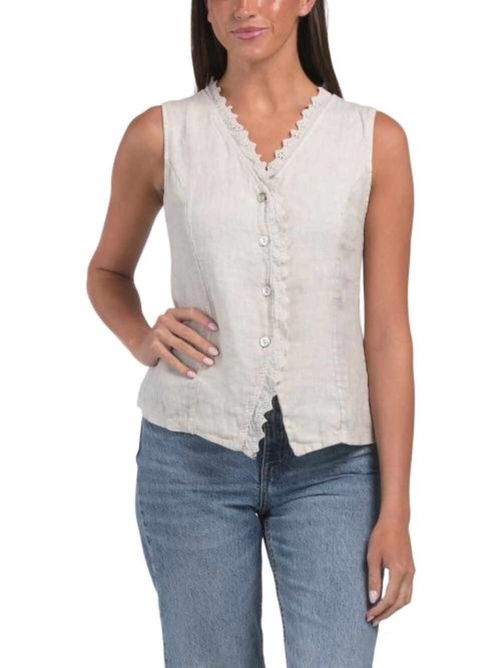 BELLAMBRA Made In Italy Linen Blend V-neck Embroidered Vest